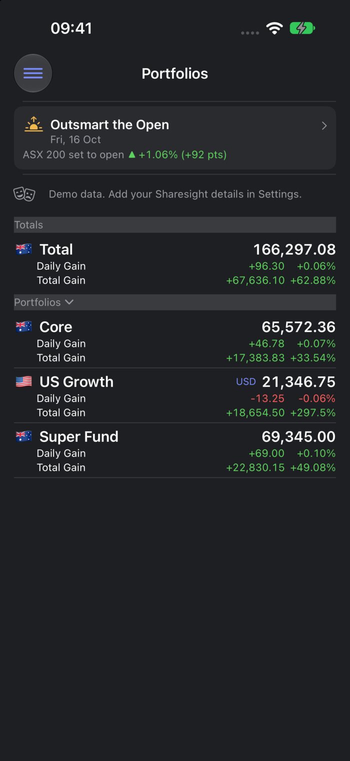 FolioInsight on iPhone, listing portfolios with their value, daily gain and total gain